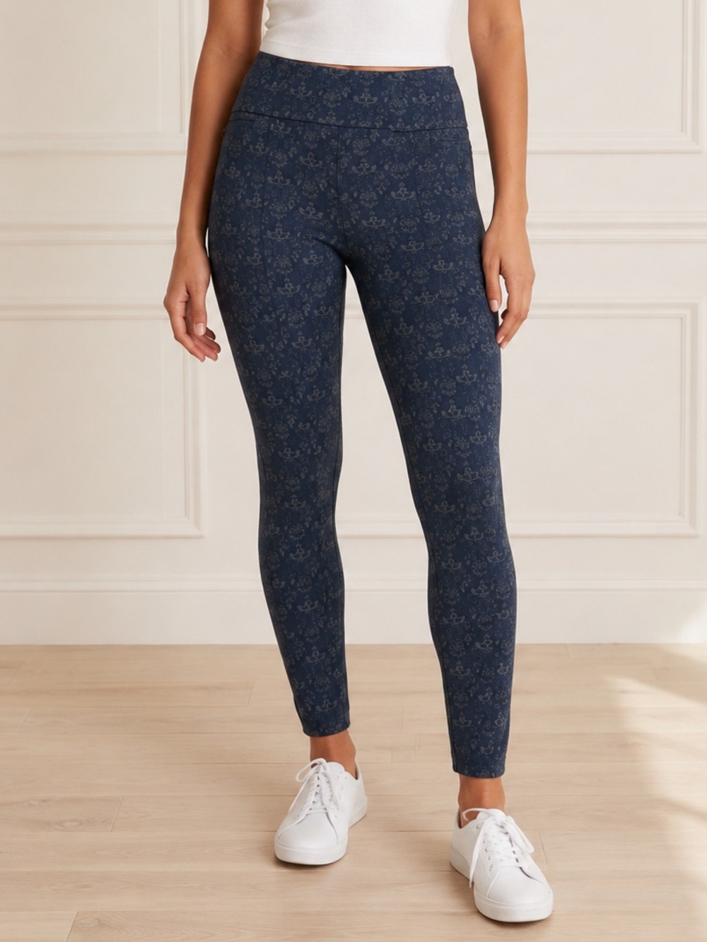 Betabrand Dress Pant Yoga Pants Power Down Skinny Navy Damask Sz SP Small Petite